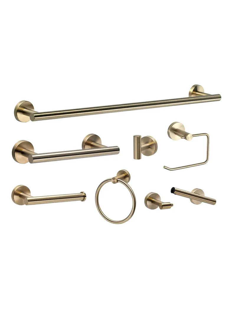 Brushed gold bath hardware set: towel bars, towel ring, hooks and toilet paper holders